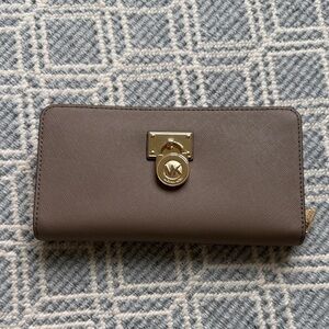 Michael Kors Saffiano Leather Taupe Wallet with Gold Accents